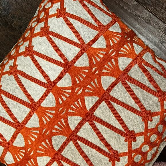 Classic Concepts Linen Pillow Orange Geometric Embroidered Deco Duck Feather 19" - Picture 4 of 12